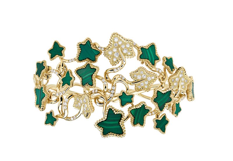 Bracelet “Leaves of Love” en or jaune, diamants et malachite