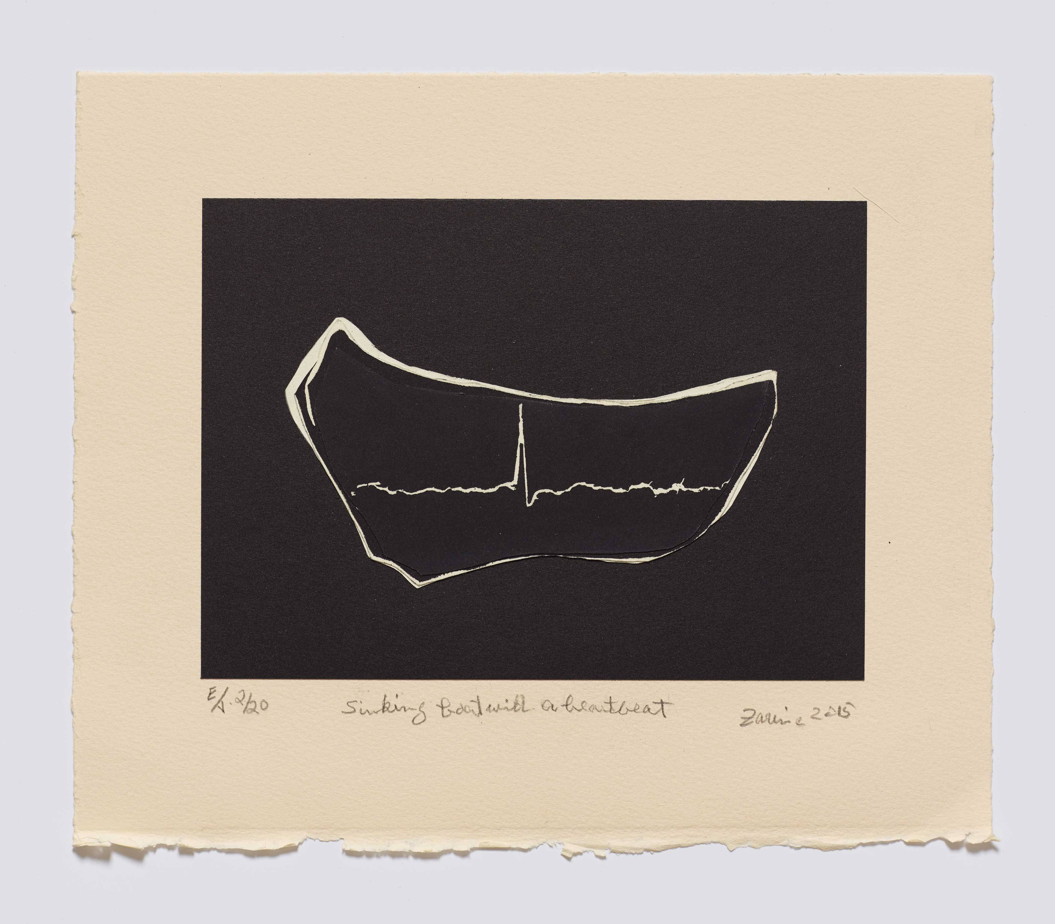 Hashmi Zarina, Sinking Boat with a heartbeat, 2015
(Série : Refugee Camps, 2015-2016).
Collage de gravures imprimé sur papier BFK light,
monté sur papier Arches,
23,5 x 27,9 cm
Edition de 20. Courtesy Galerie Jeanne Bucher Jaeger