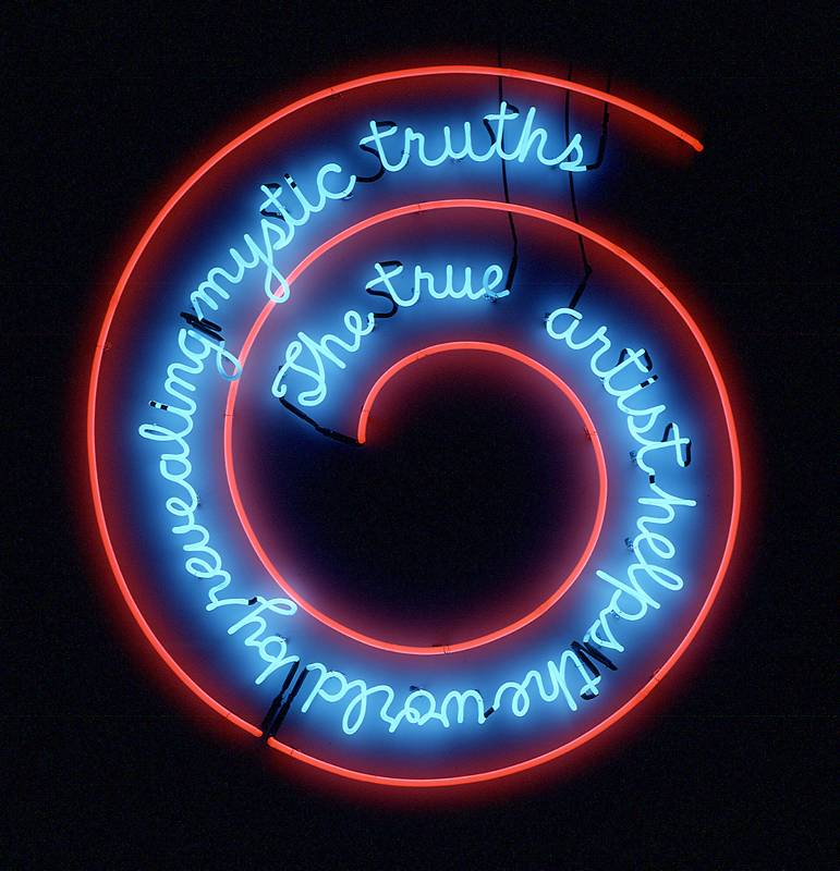 Bruce Nauman, “The True Artist Helps the World by Revealing Mystic Truths (Window or Wall Sign)” (1967). Neon tubing with clear glass tubing suspension frame   1499 x 1397 x 51 mm   Kunstmuseum Basel © Bruce Nauman / ARS, NY and DACS, London 2020, Courtesy Sperone Westwater, New York
