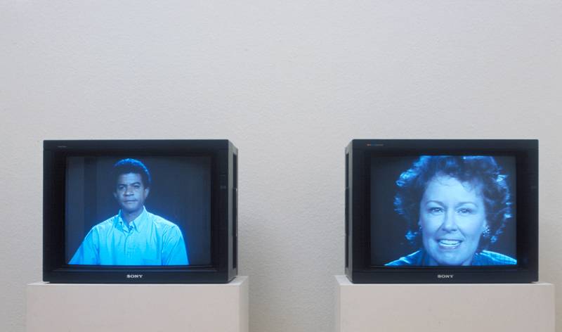 Bruce Nauman, “Good Boy Bad Boy” (1985). Video, 2 monitors, colour and audio (mono)  60 min, 52sec  Tate: Purchased 1994  © ARS, NY and DACS, London 2020 