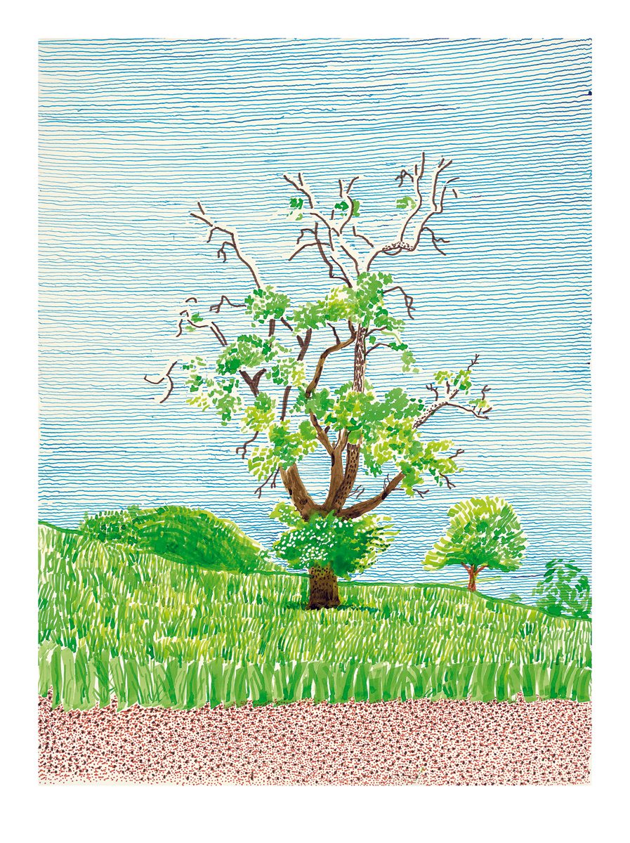  David Hockney, "Hawthorn Bush in Front of a Very Old and Dying Pear Tree" (2019). Impression jet d’encre sur papier. Édition de 35. 111,7 x 83,8 cm © David Hockney. Crédit photo : Jonathan Wilkinson. Courtesy Galerie Lelong & Co. Paris