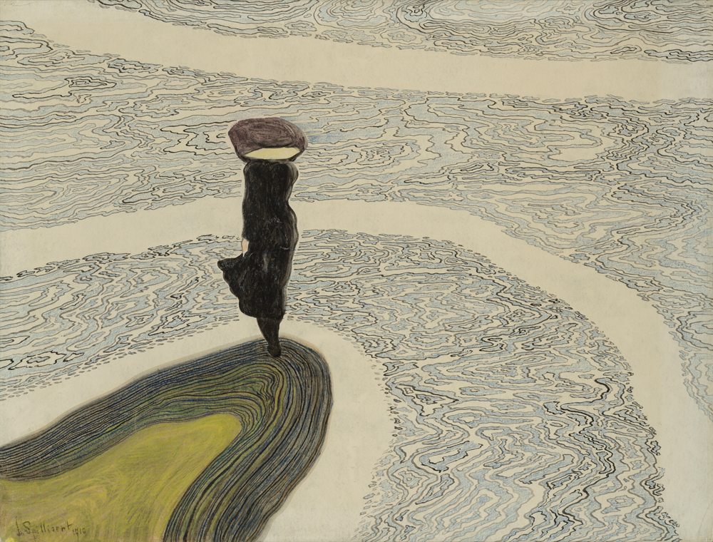 Léon Spilliaert, “Femme au bord de l’eau” (1910). Encre de Chine, pinceau, crayon de couleur et pastel sur papier 47,1 x 60,2 cm Collection privée  Photo © Cedric Verhelst