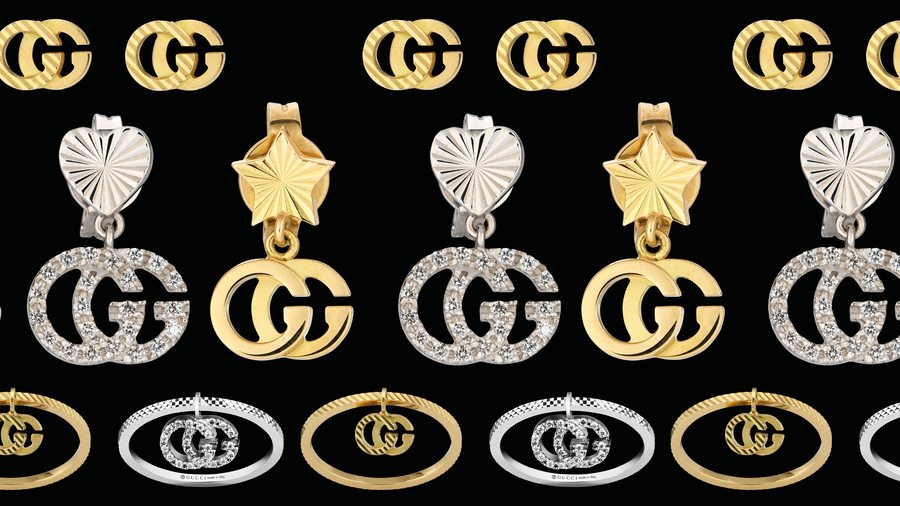 Le monogramme Gucci se décline sur des boucles d'oreilles et bagues en or et diamants