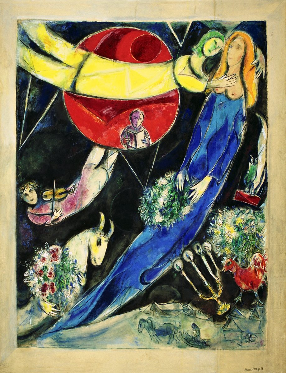 Marc Chagall, “Le Monde rouge et noir” ou “Soleil rouge” (carton de tapisserie), 1951. Aquarelle, gouache, pastel gras sur papier fait machine sur papier contrecollé sur papier marouflé sur toile, 244,5 × 189 cm Collection particulière © Adagp, Paris 2020 Photo © Ewald Graber