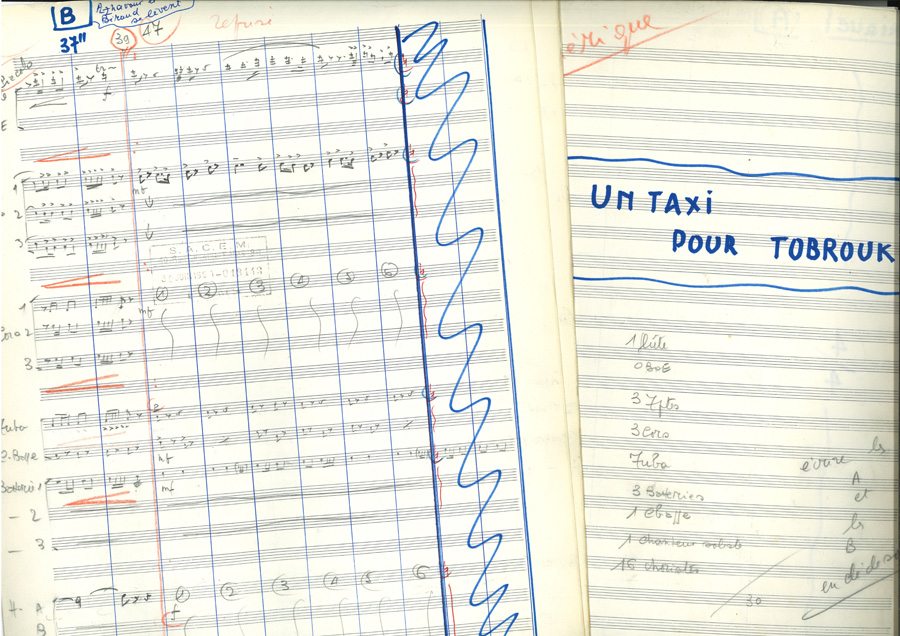 Georges Garvarentz, manuscrits musicaux du film “Un Taxi pour Tobrouk” (1961), environ 115 pages.