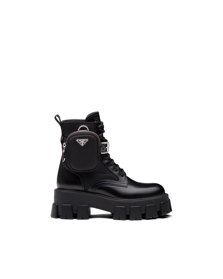 Combat boots “Monolith” noires en cuir et nylon,  doublée en mouton, PRADA 