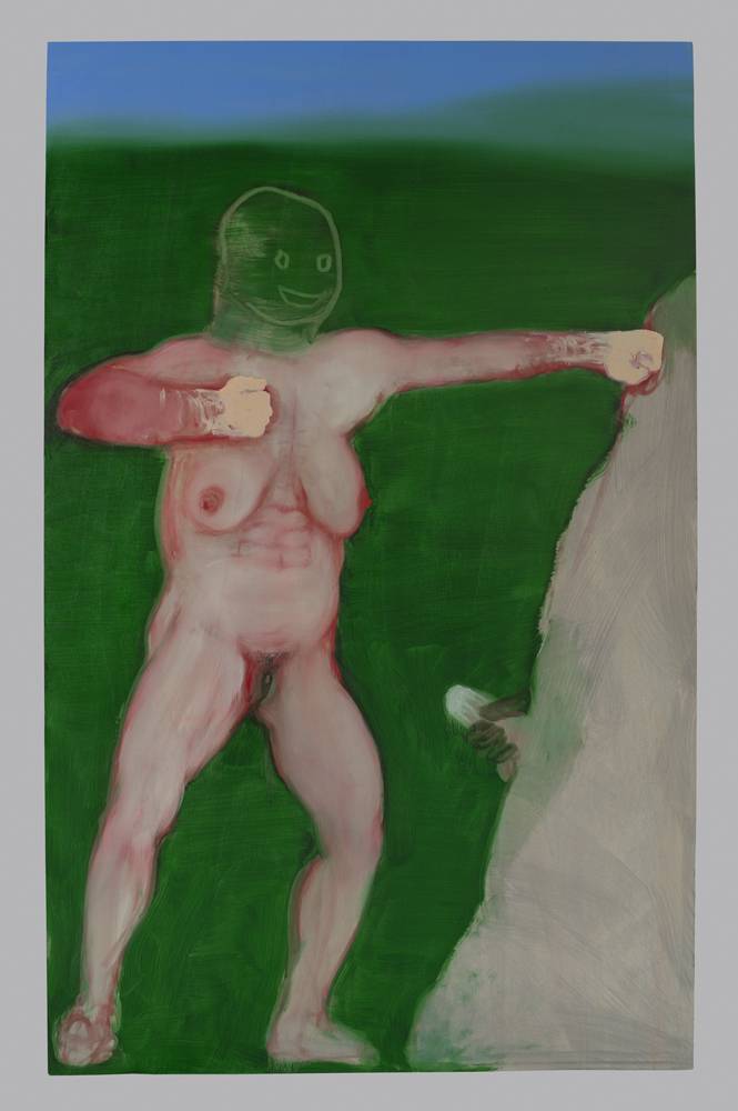 Miriam Cahn, “O.T., 2 + 4.8.19”. Huile sur bois, 200 x 125 cm.    Courtesy the artist and Galerie Jocelyn Wolff