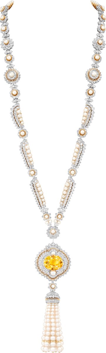 Sautoir transformable : or blanc, or jaune, un saphir jaune ovale de 50,38 carats (Sri Lanka), un diamant DIF poire de 1,11 carat, perles de culture blanches, diamants