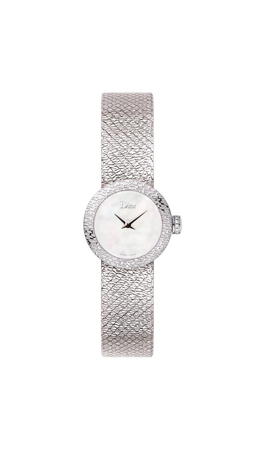 Montre “La mini D de Dior Satine”, 19 mm, mouvement quartz, en acier, diamants et nacre blanche – Dior Horlogerie