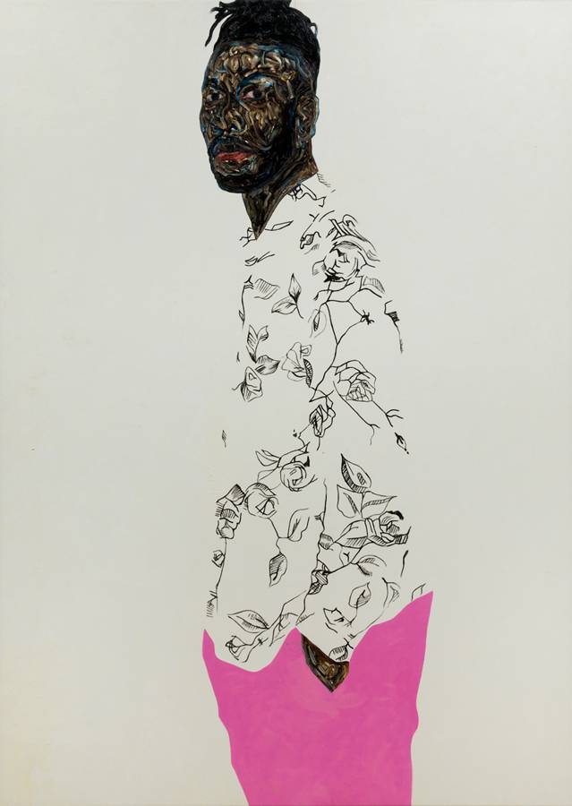 “Autoportrait avec pantalon rose” (2020) d’Amoako Boafo. Huile sur toile. Amoako Boafo. Courtesy of Mariane Ibrahim Gallery