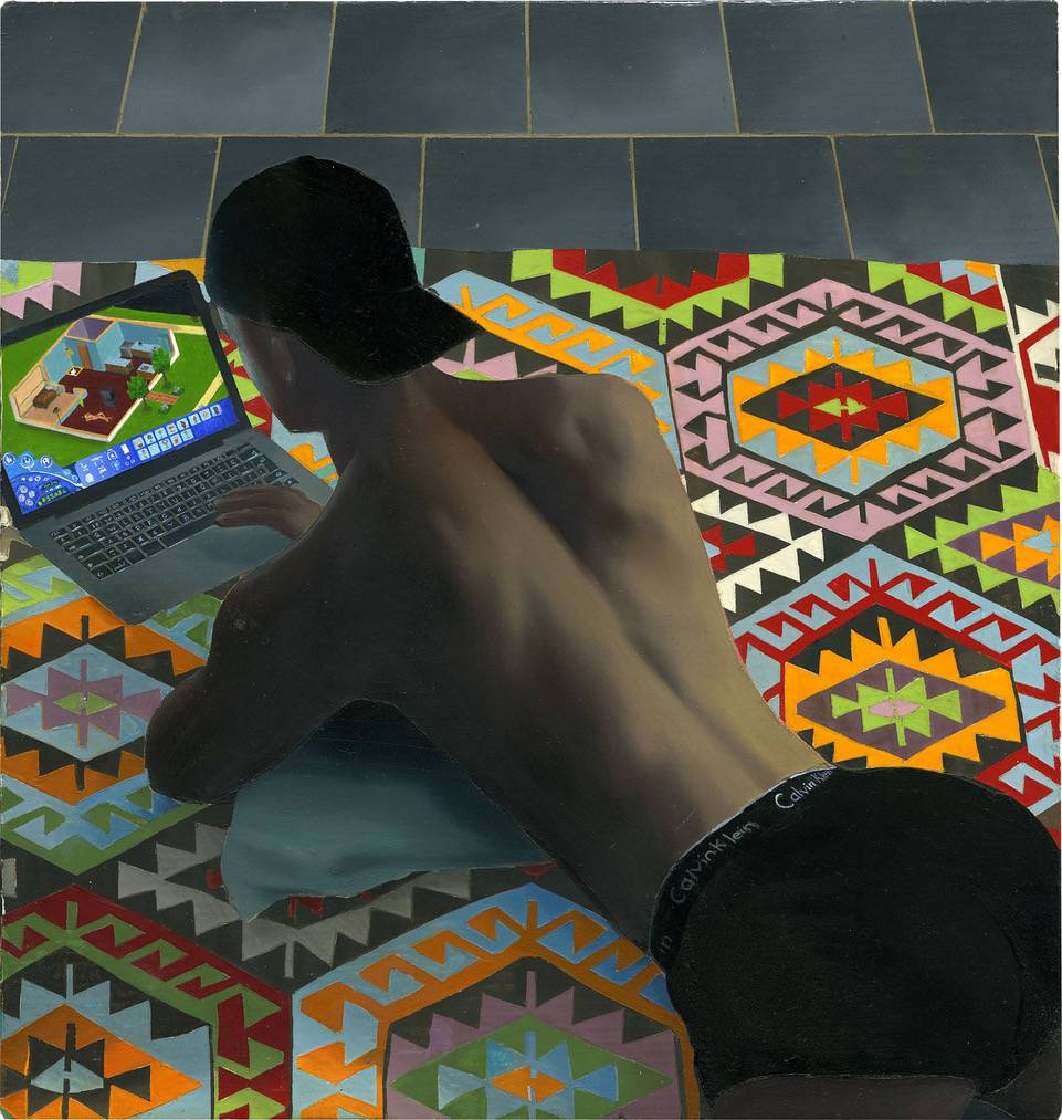 Jean Claracq, “Kilim” (2020). Huile sur bois, ,16x15 cm. Courtesy the artist and Galerie Sultana