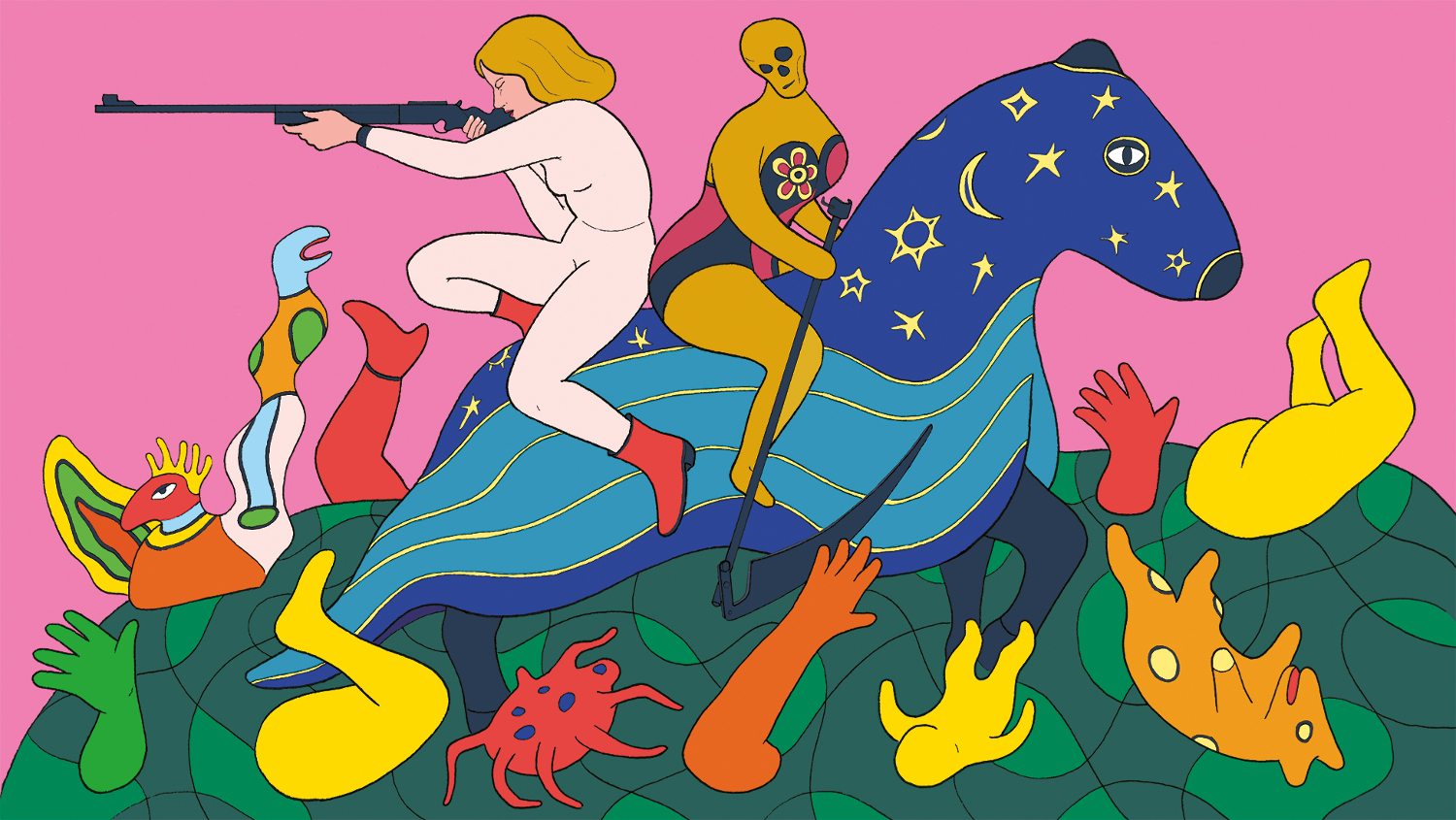 Fanny Michaëlis, Niki chevauchant La Mort, 2021
Illustration librement inspirée par l’œuvre éponyme de Niki de Saint Phalle, issue du Jardin des Tarots, situé en Toscane, © Fanny Michaëlis
