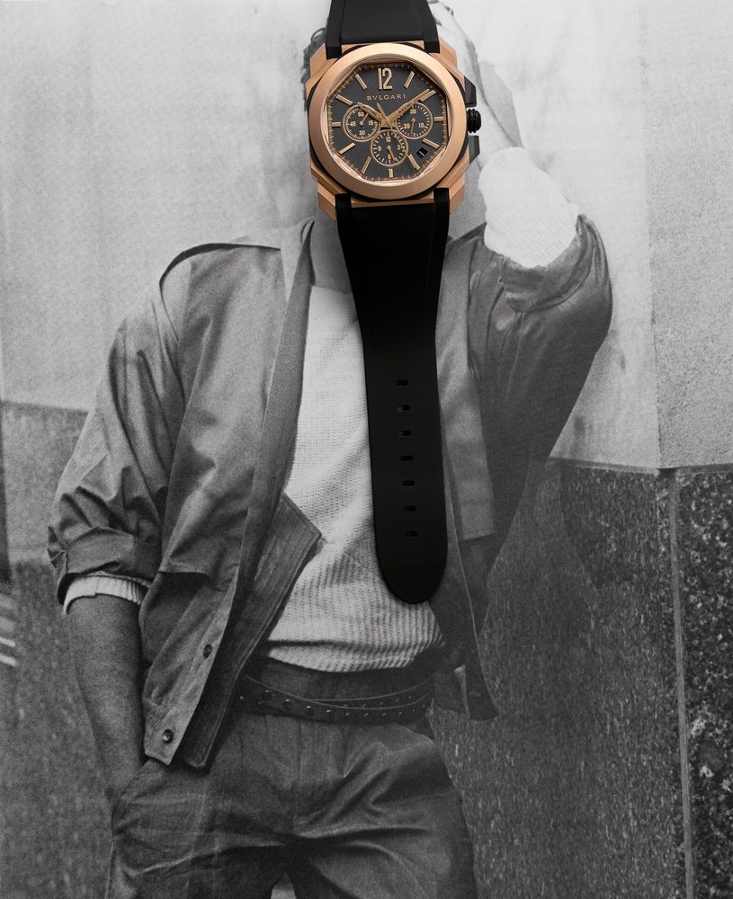 Montre haute horlogerie “Octo L’Originale” en acier sablé Diamond Like Carbon et or rose, bracelet en caoutchouc et
boucle en or rose, BVLGARI.