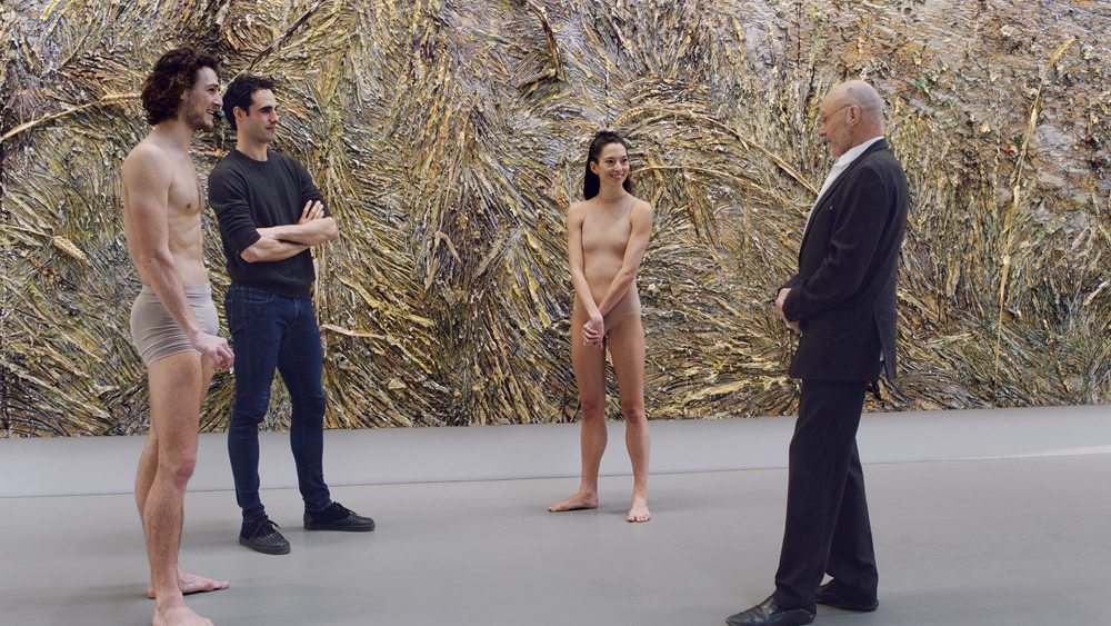Anselm Kiefer (right) with dancer Hugo Marchand, choreographer Florent Melac, and dancer Hannah O’Neill (left to right) in “Anselm Kiefer: Field of the Cloth of Gold” at Gagosian, Le Bourget