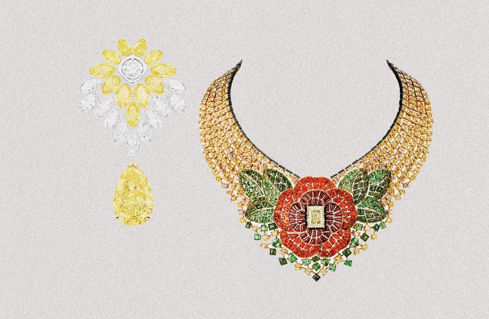 À gauche : Boucle d'oreilles en or jaune et platine, diamants et diamants jaunes, PIAGET. À droite : Collier  Camélia Byzantin en or jaune odiamants, diamant et saphirs jaunes, cornaline, opales, grenats tsavorites, jade néphrite et onyx, CHANEL.