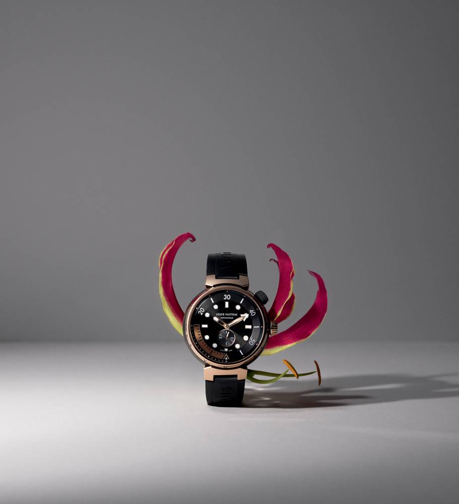 Montre "Tambour Street Diver Blaze Black" en or rose et acier, bracelet en caoutchouc, LOUIS VUITTON.