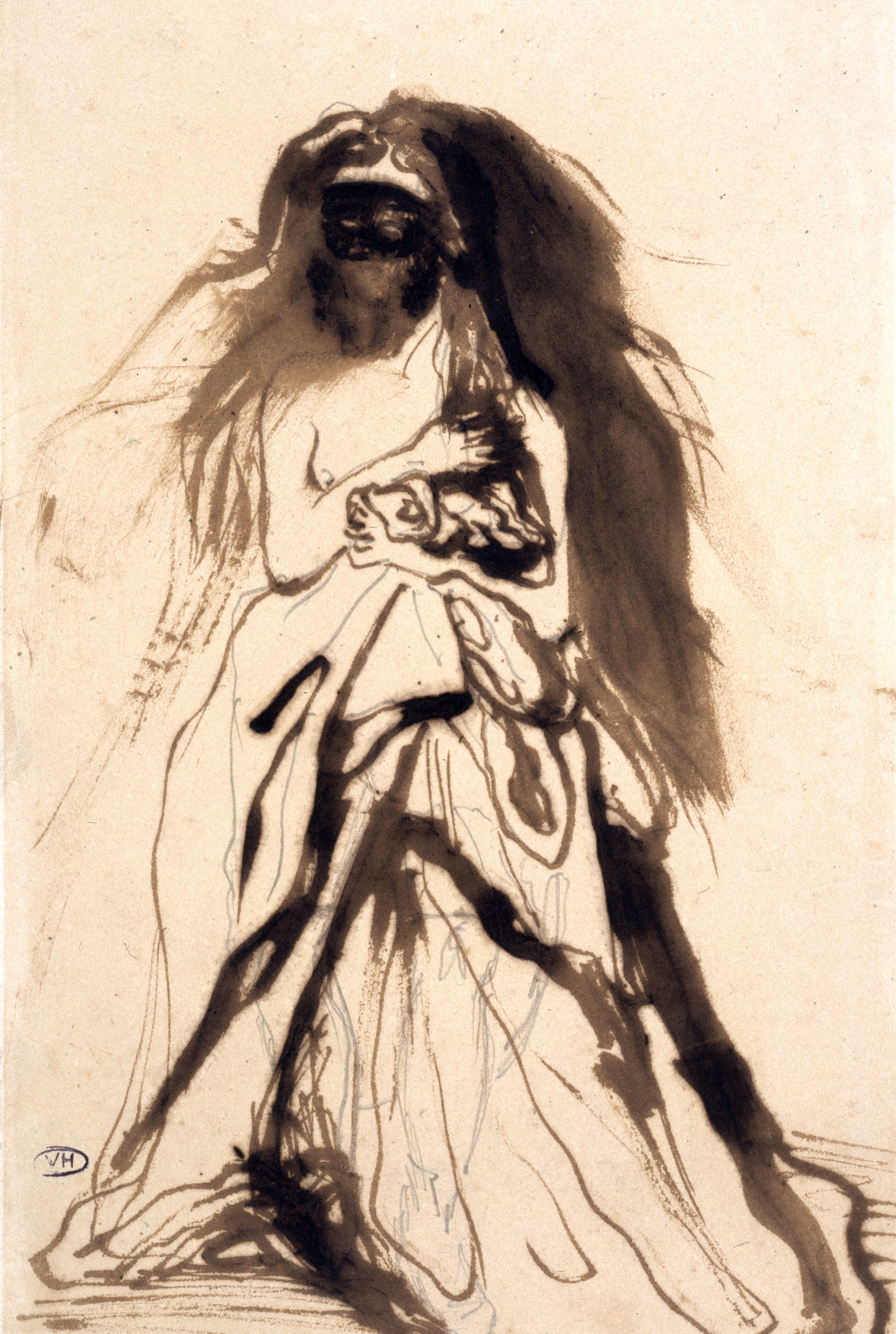“Femme masquée retenant son manteau” (1866), encre sur papier vélin 