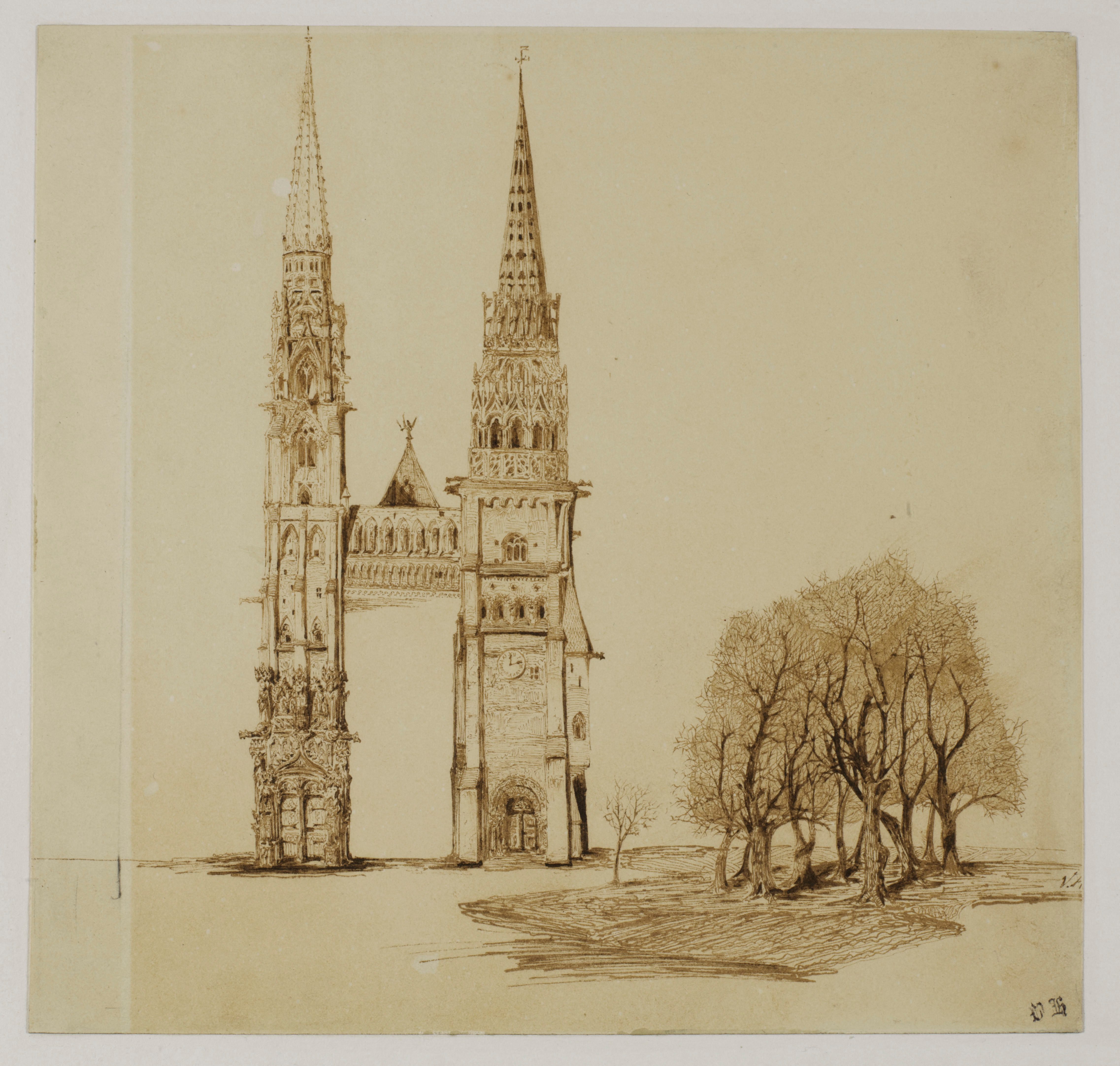 “Tours et flèches d'une cathédrale gothique” (vers 1836), dessin à l'encre sur papier vélin