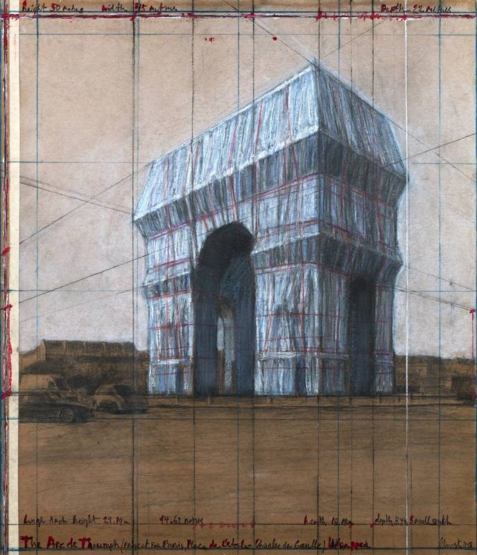 Christo, “The Arc de Triumph (Project for Paris, Place de l'Etoile – Charles de Gaulle) Wrapped”. Collage 2018 in two parts, 30.5 x 77.5 cm and 66.7 x 77.5 cm. Pencil, charcoal, wax crayon, fabric, twine, enamel paint, photograph by Wolfgang Volz, hand-drawn map and tape.