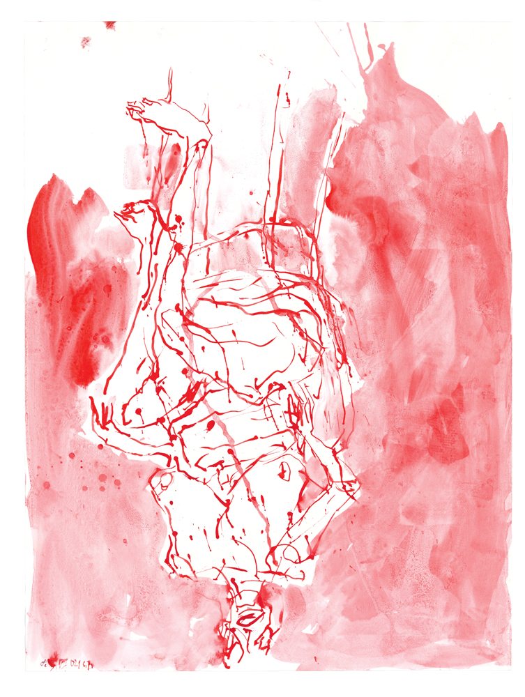 Georg Baselitz, “Ohne titel” (2021). Encre rouge sur papier. 99,7 x 74,9 cm. Courtesy of Galerie Thaddaeus Ropac, Londres, Paris, Salzbourg, Séoul. © Georg Baselitz. Photo : Jochen Littkemann