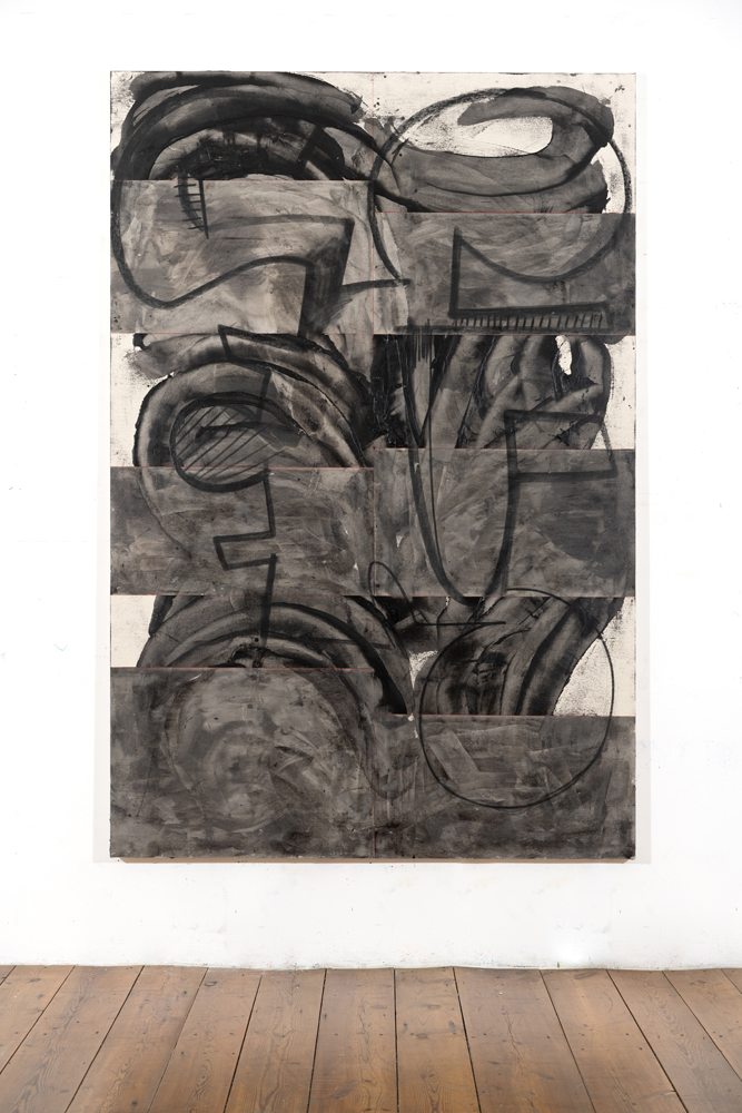 Untitled 2021, oil pencil, charcoal, pigment, microcrystalline wax, and damar resin on canvas 210x140cm.