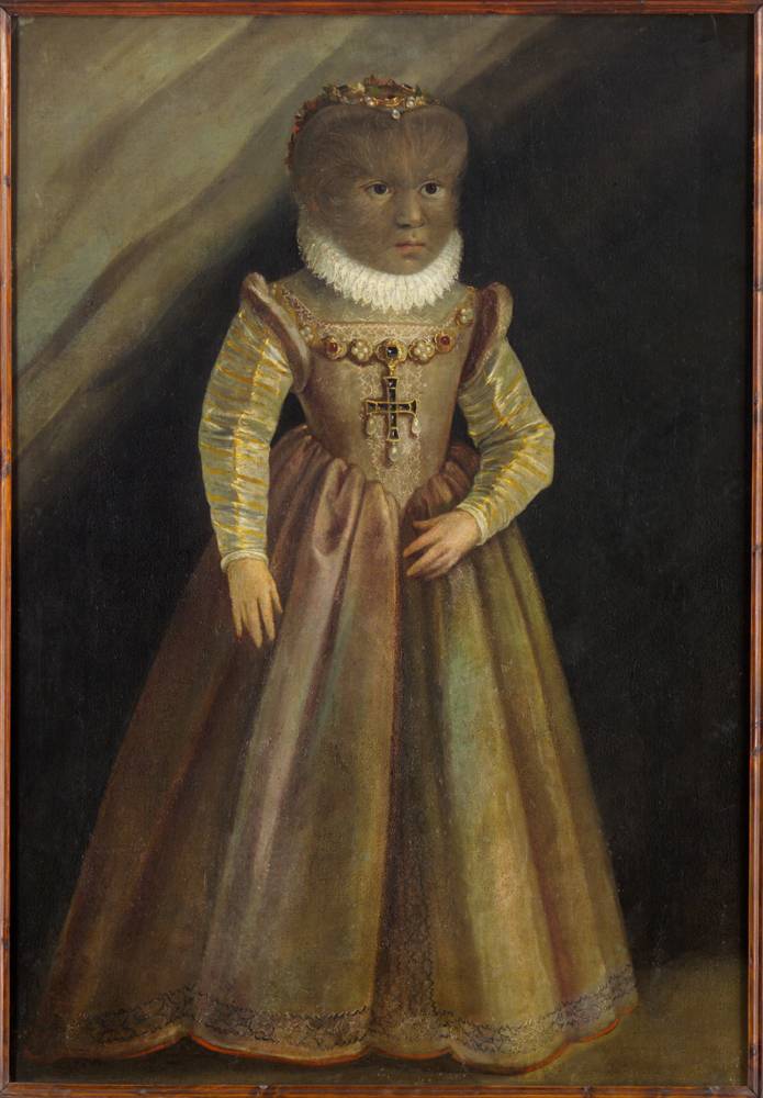 Anonymous Portrait of Magdalena Gonzales 1580 Oil on canvas 53 3/8 in. × 38 3/4 in. × 2 3/8 in. (135.5 × 98.5 × 6 cm) Schloss Ambras, Kunsthistoriches Museum, Vienna © KHM-Museumsverband