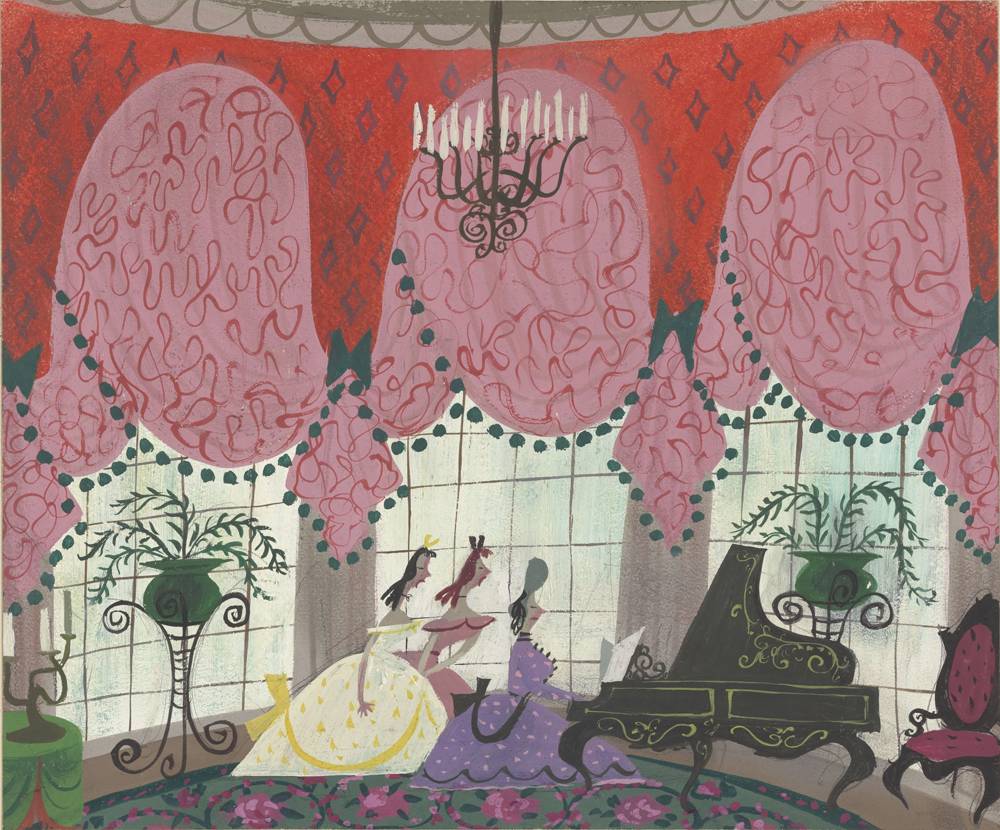 Cinderella, 1950 Mary Blair Background painting Gouache and graphite on board 12 1/2 × 15 1/2 in. (31.8 × 39.4 cm) Walt Disney Animation Research Library © Disney