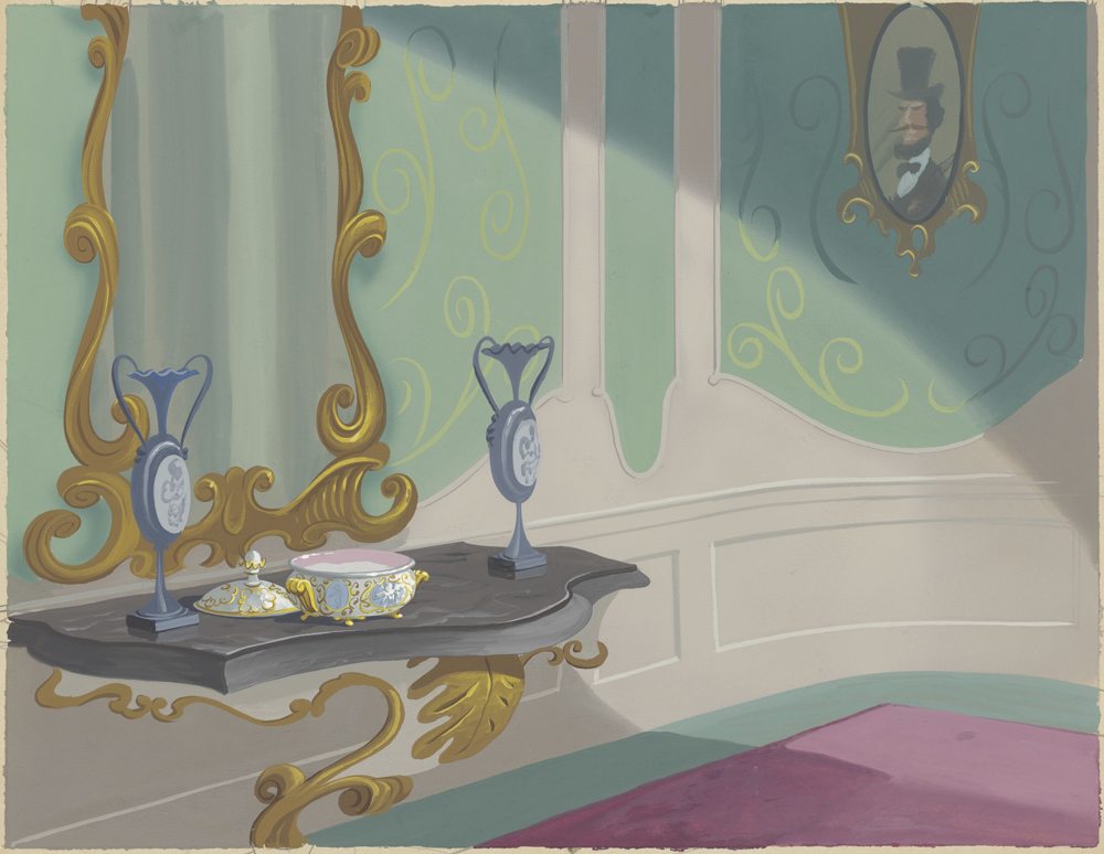 Cinderella, 1950 Disney Studio Artist Background painting Gouache on paper 12 1/2 × 15 1/2 in. (31.8 × 39.4 cm) Walt Disney Animation Research Library © Disney