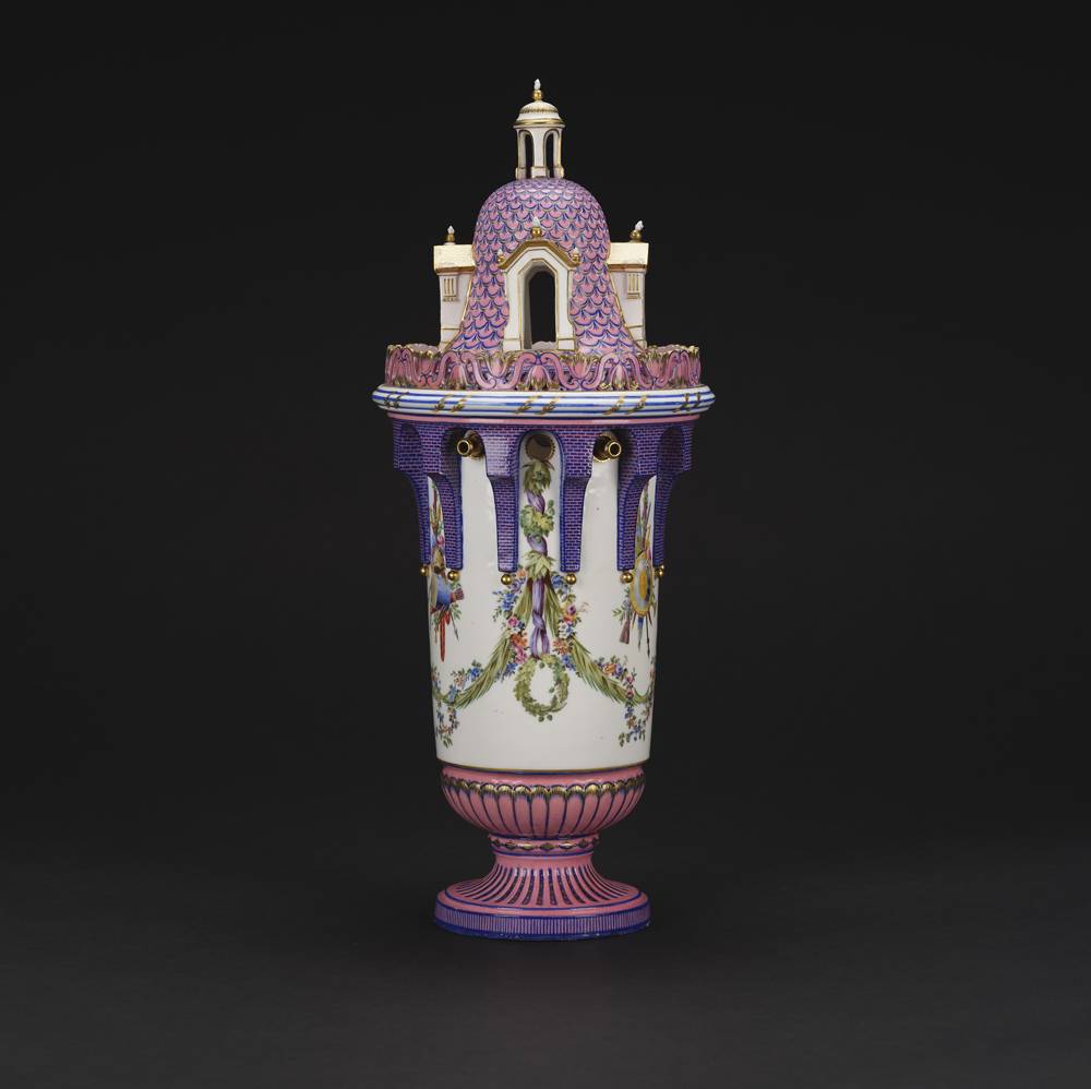 Sèvres Manufactory (French, 1740–present) Covered vase in the form of a tower, ca. 1762 Soft-paste porcelain 20 1/2 x 9 x 9 in. (52.1 x 22.9 x 22.9 cm.)The Huntington Library, Art Museum, and Botanical Gardens, San Marino, CA, The Arabella D. Huntington Memorial Art Collection. Image courtesy of the Huntington Art Museum, San Marino, California