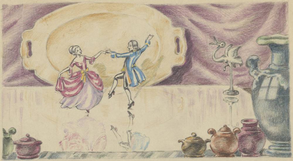 The China Shop, 1934 Disney Studio Artist Story sketch Colored pencil and graphite on paper 6 × 8 in. (15.2 × 20.3 cm) Walt Disney Animation Research Library © Disney