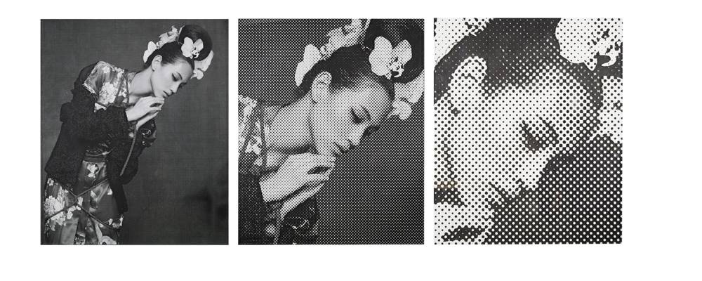 Karl Lagerfeld, (2012) Exemplaire 1/1 Triptyque réalisé d'après une photographie de Karl Lagerfeld pour le livre "La Petite Veste Noire" à l'occasion de l'exposition éponyme Gravure sur verre, estimation : 8000/10000€