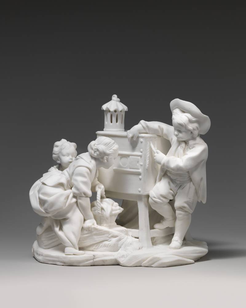 Sèvres Manufactory (French, 1740–present) After a model by Etienne-Maurice Falconet (French, 1716–1791) Based on a design by François Boucher (French, 1703–1770) The Magic Lantern, ca. 1760 Soft-paste biscuit porcelain 6 1/8 × 6 3/4 × 5 1/4 in. (15.6 × 17.1 × 13.3 cm) The Metropolitan Museum of Art, New York, Bequest of Ella Morris de Peyster, 1957 (58.60.10)