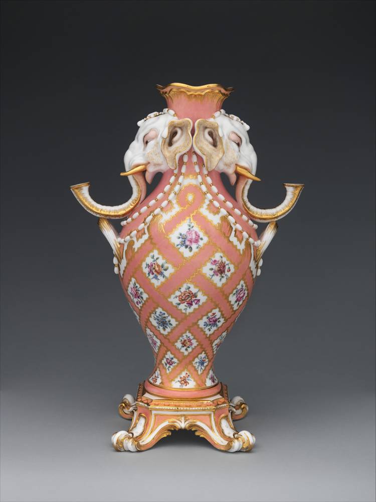Sèvres Manufactory (French, 1740–present) Jean-Claude Duplessis (French, ca. 1695–1774, active 1748–74) Vase (vase à tête d'éléphant) (one of a pair), ca. 1758 Soft-paste porcelain 15 7/16 × 10 5/16 × 6 1/4 in. (39.2 × 26.2 × 15.9 cm) The Metropolitan Museum of Art, New York, Gift of Samuel H. Kress Foundation, 1958 (58.75.91a, b)