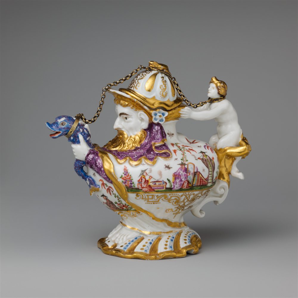 Meissen Manufactory (German, 1710–present) Decoration attributed to the Aufenwerth Workshop Teapot with cover, ca. 1719–30 Hard-paste porcelain decorated in polychrome enamels and gold; metal chain and mounts 6 1/16 x 6 7/8 x 3 7/8 in. (15.4 x 17.5 x 9.8 cm) The Metropolitan Museum of Art, New York, Gift of Irwin Untermyer, 1970 (1970.277.5a, b)