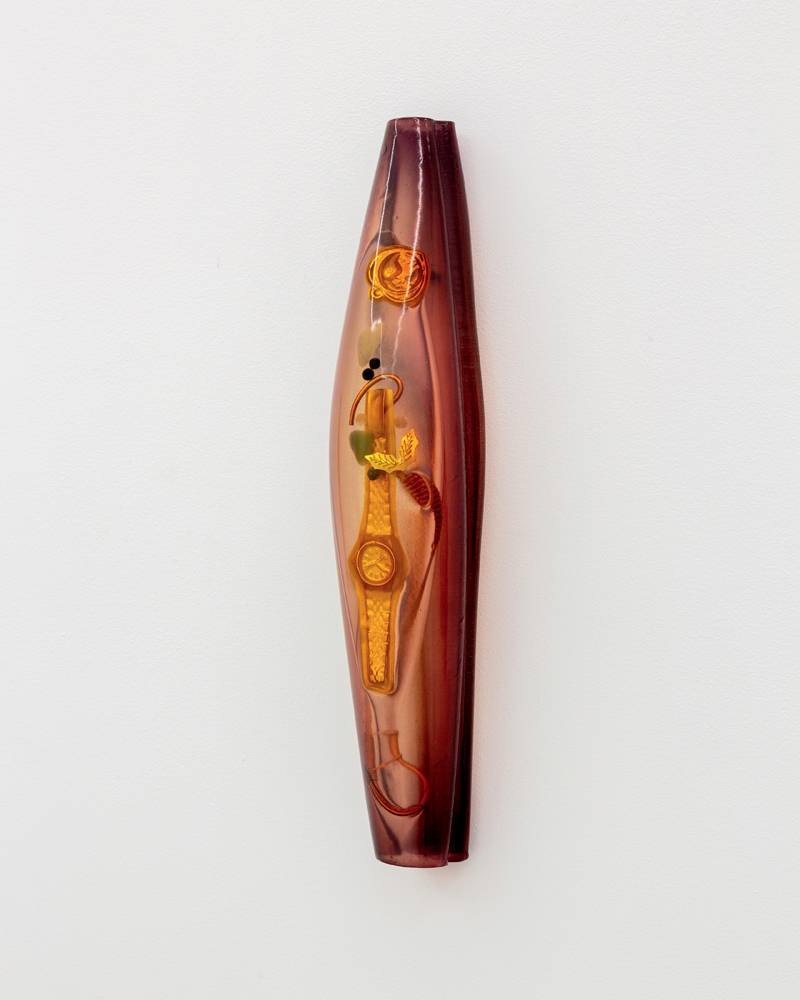 Kim Farkas, 20-16 (2020). Composites Materials, copper spring, funeral incense sticks and Reiki stones. 37,5 X 7,5 cm.