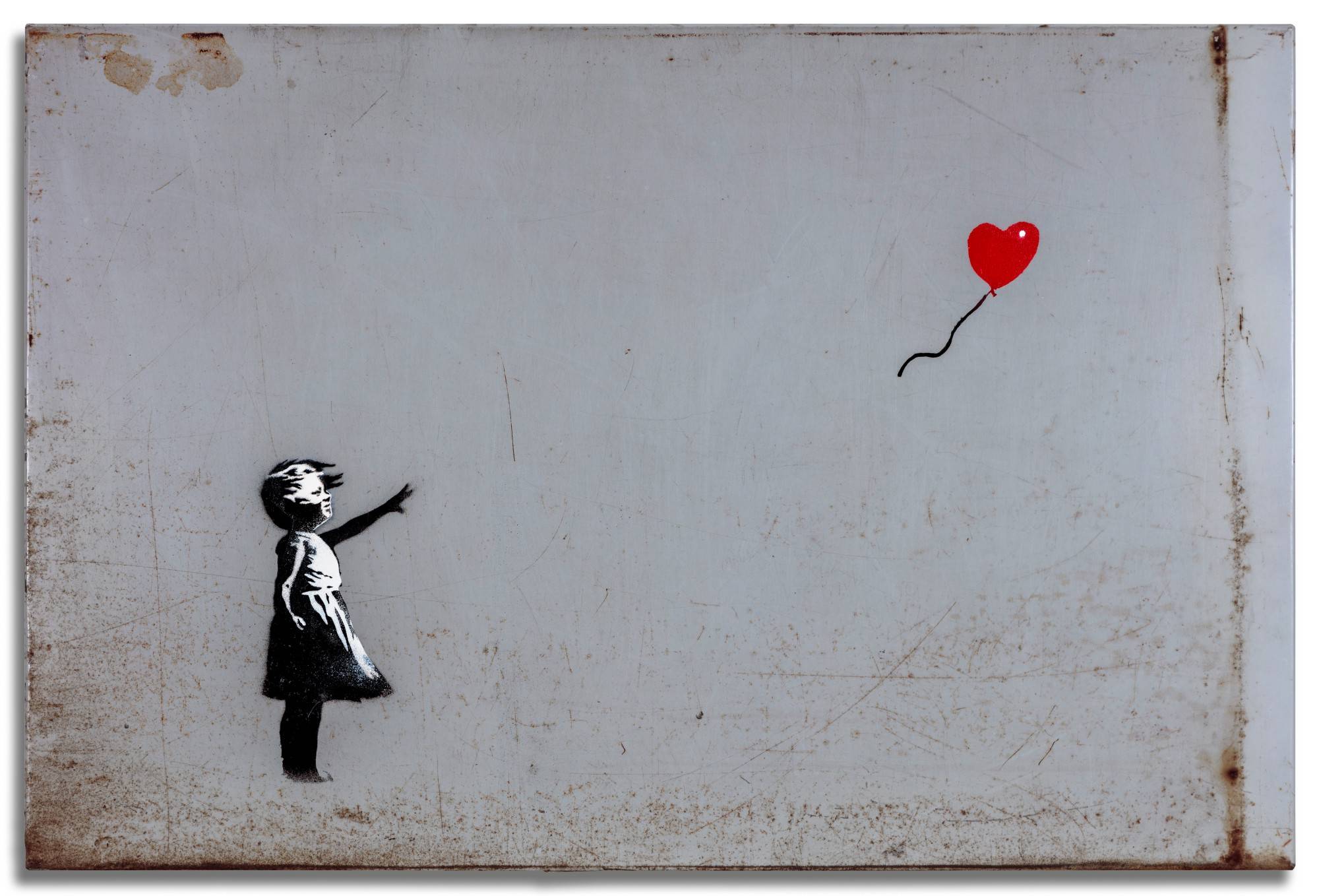 Girl with balloon, Banksy, peinture en spay sur métal, 60 cm sur 90 cm, 2006 ©️Courtesy Sotheby’s