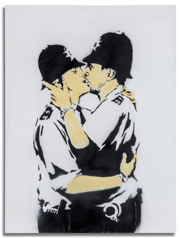 Kissing Coppers, Banksy, 121 cm sur 90 cm, peinture en spray sur toile, 2005 ©️Courtesy Sotheby’s