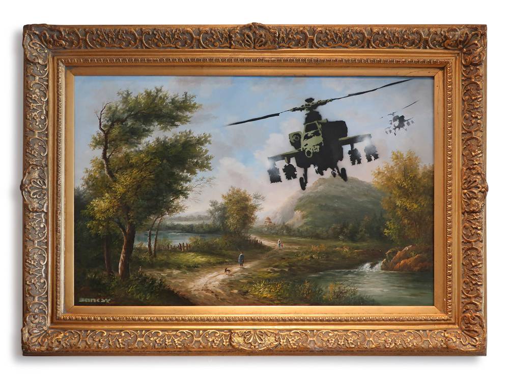 Vandalised Oil, Banksy, peinture à l'huile et peinture en spray sur toile, 94 cm sur 61 cm, 2006 ©️Courtesy Sotheby’s