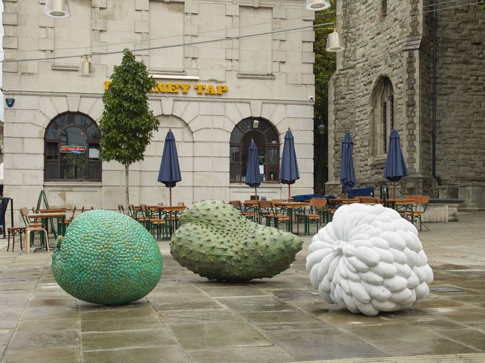  Veronica Ryan OBE, Custard Apple (Annonaceae), Breadfruit (Moraceae), and Soursop (Annonaceae), 2021. Commissioned by Hackney Council; curated and produced by Create London. Photo: Andy Keate. Courtesy the artist, Paula Cooper Gallery, New York, and Alison Jacques, London. 