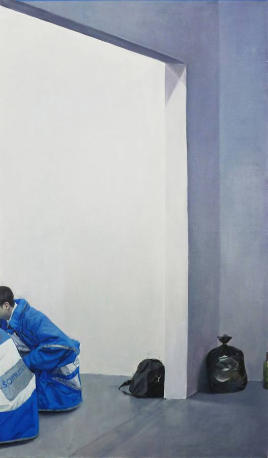 Bilal Hamdad, “Gilets bleus” (2015). Huile sur toile, 169 x 98,5 cm.