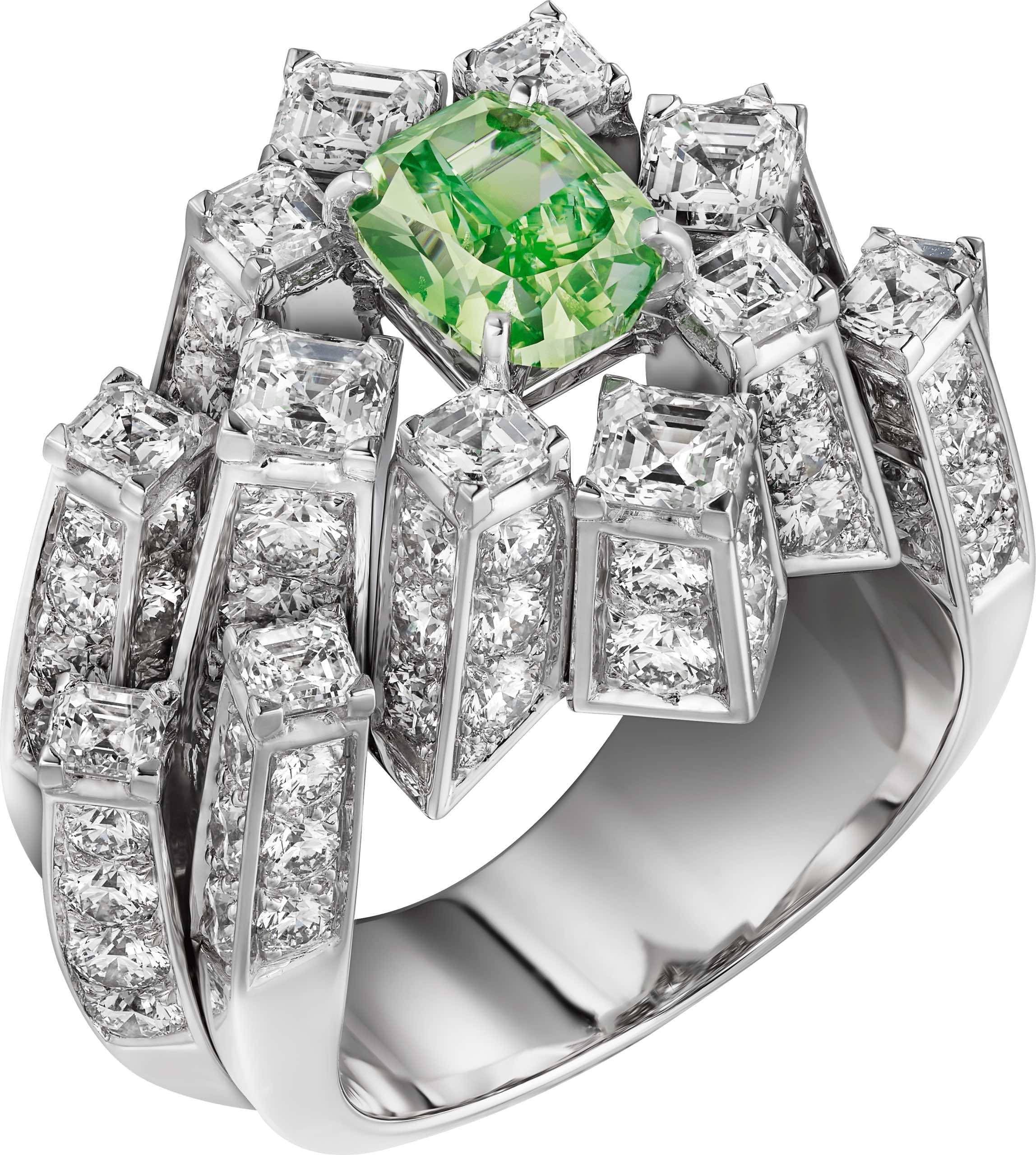 VIRIDIIA RING.  Platinum, green diamond, diamonds.