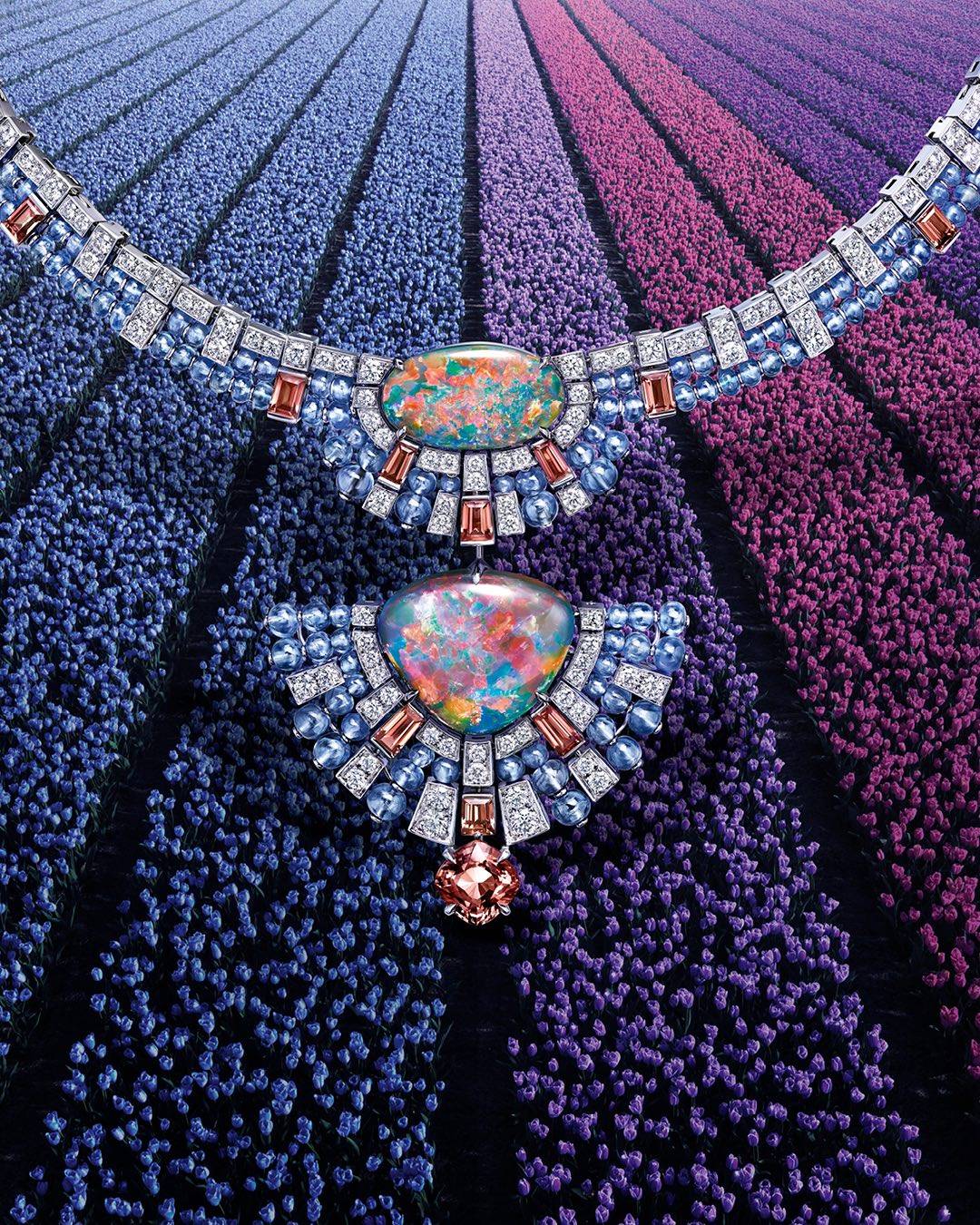 APATURA NECKLACE.  Platinum, opals, colored sapphires, sapphires, diamonds.