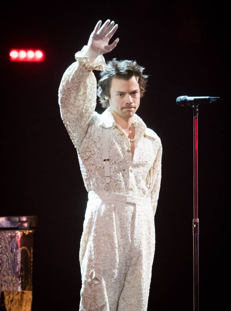 Harry Styles wearing Gucci at the Brit Awards ceremony in 2020 © Getty

