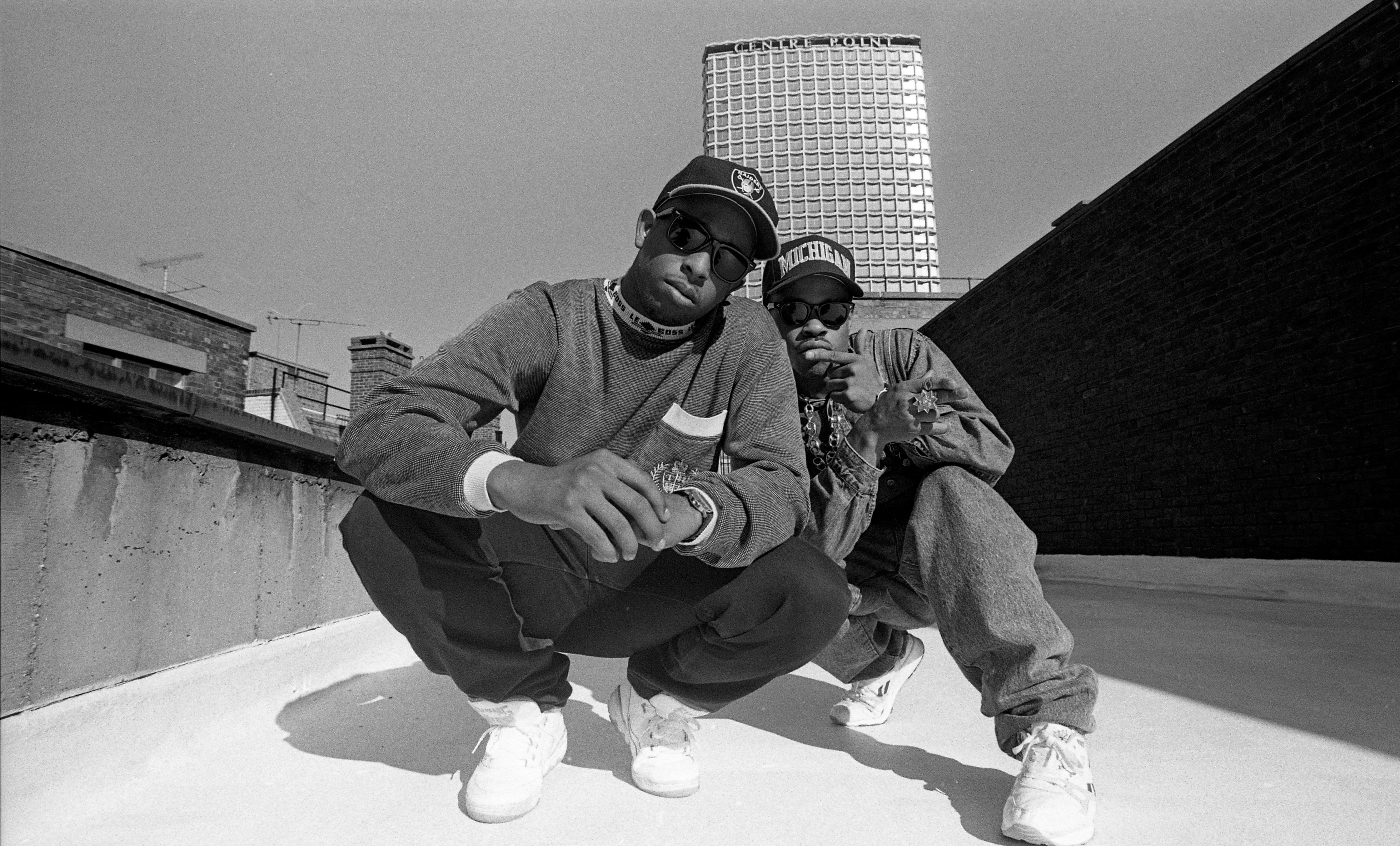 Gang Starr, portrait, London, United Kingdom, 1990. MC Guru and DJ Premier. (Photo by Martyn Goodacre/Getty Images)