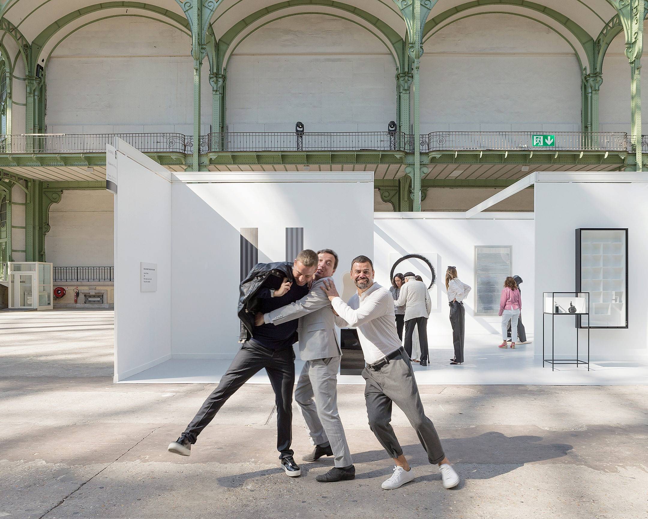 Portrait of Elmgreen & Dragset and Emmanuel Perrotin in front of the one-day exhibition Elmgreen & Dragset présentent la Galerie Perrotin au Grand Palais in Paris on Saturday, September 24th 2016.  Photo Claire Dorn, courtesy Galerie Perrotin