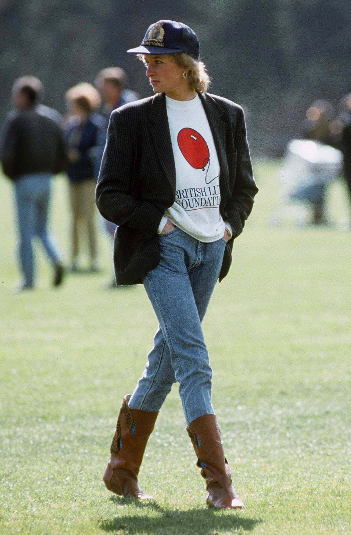 Lady Diana at the Guards Polo Club in 1988 wearing an oversized blazer over a sweat-shirt. © Photo by Tim Graham Photo Library via Getty Images