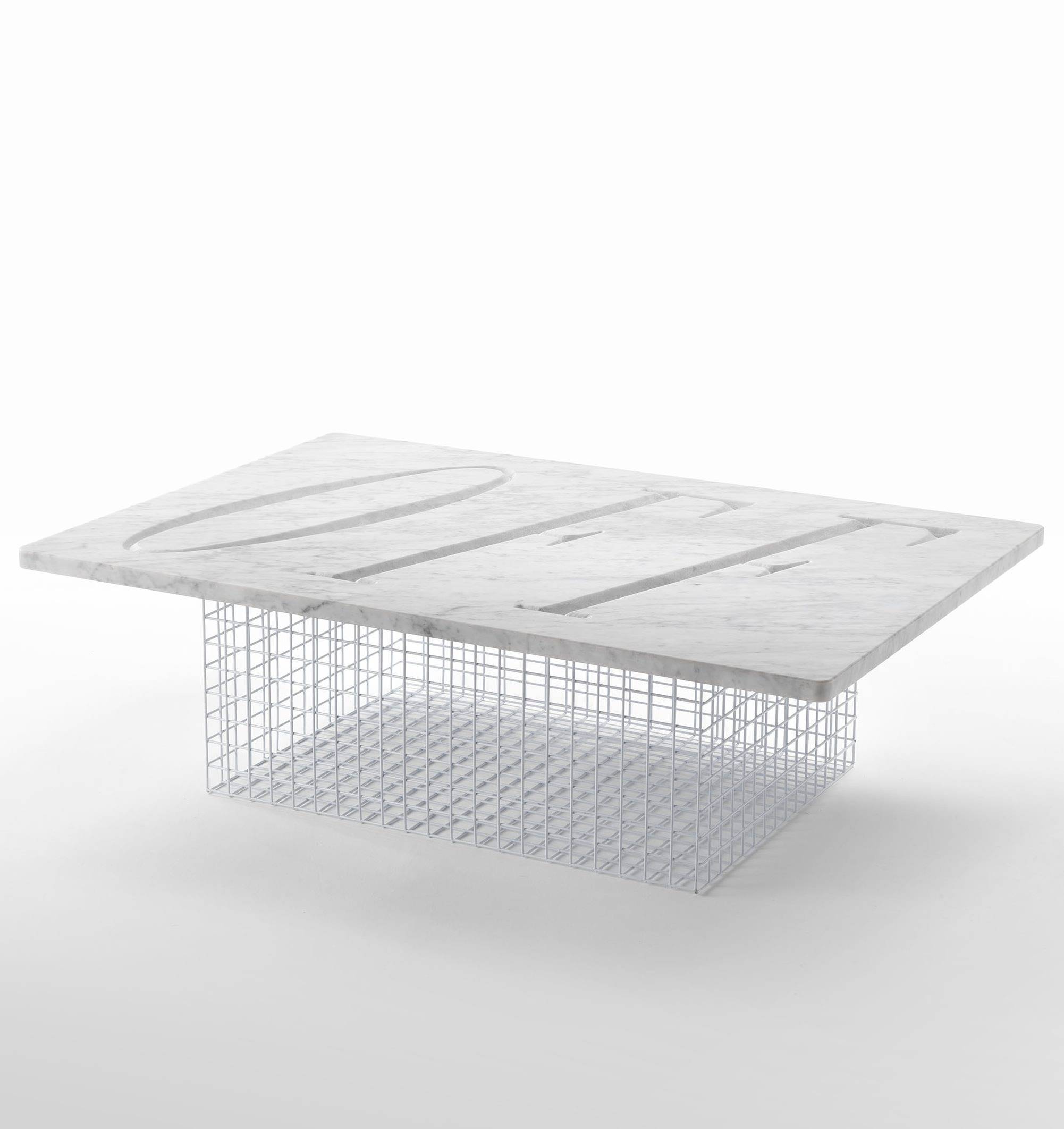 Marble table and wire mesh structure from Virgil Abloh's first design collection