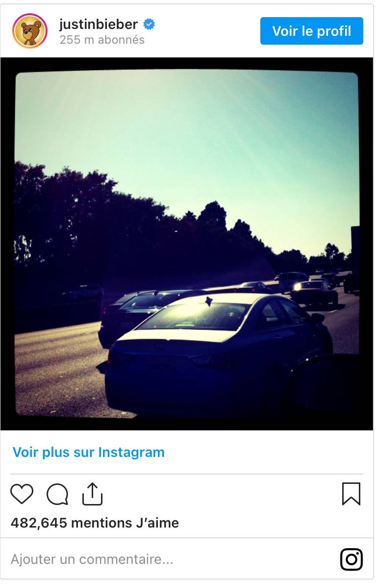 Le premier post Instagram du chanteur Justin Bieber.