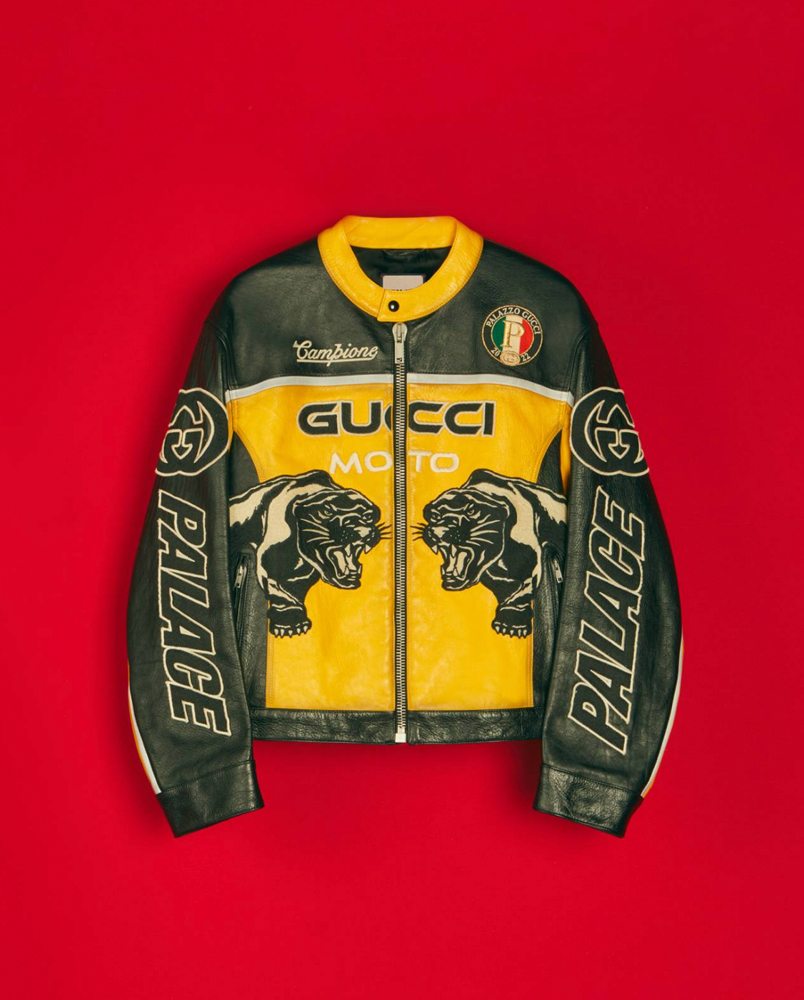 The leather jacket embroidered and decorated with patches from the Gucci x Palace collection 