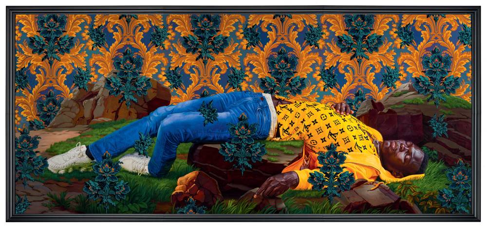 Kehinde Wiley, "Femme Piquée Par Un Serpent (Mamadou Gueye)", huile sur toile, 2022 363 x 790 x 10 cm (encadré) © Kehinde Wiley Photo © : Ugo Carmeni 